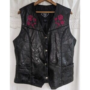 Diamond Plate Buffalo Leather Black Vest XL Embroidered Red Roses Snap Buttons